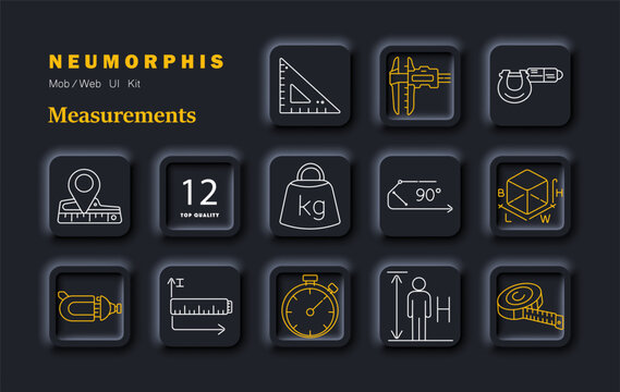 Measurements set icon. Triangle, caliper, micrometer, position, weight, angle, dimension, clamp, ruler, stopwatch, height, tape, precision, metric, engineering, tool
