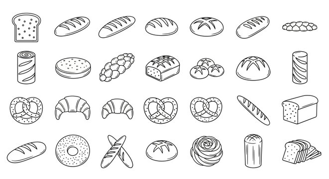Minimalist bakery icon set, 28 bread line art illustrations, black and white outline vector of croissant baguette and pretzel for menu design