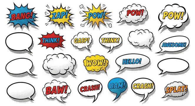 Collection of comic book speech bubbles and sound effects.