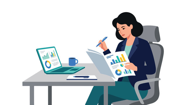 An illustration of a professional woman reviewing financial data and business charts on her laptop and in a folder at her office desk.