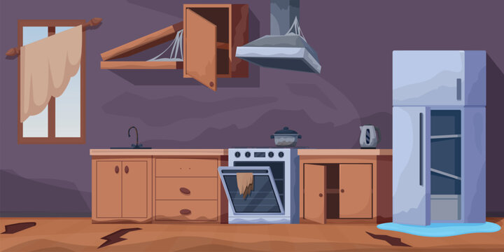 Messy kitchen interior. Broken furniture, cabinets and shelf. Damaged oven and stove, fridge with water puddle on floor. Old abandoned house, sapid vector scene