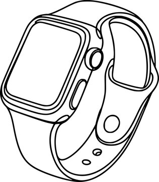 Black and white outline of a smartwatch with a digital display and strap wearable