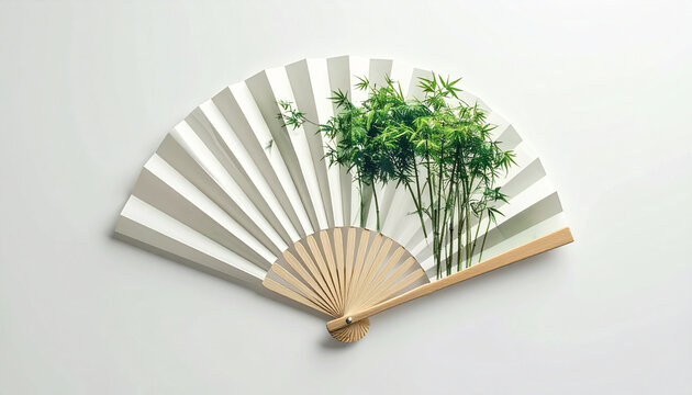 Bamboo fan with green leaves on white