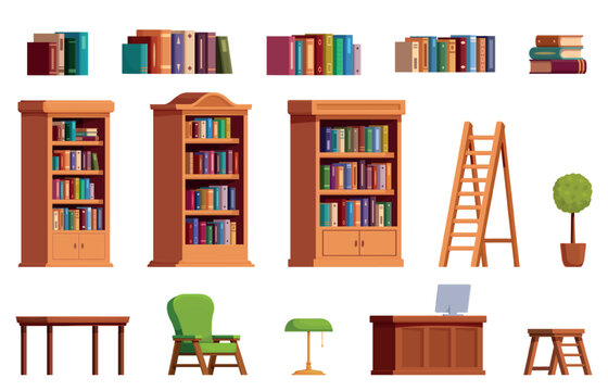 Cartoon library furniture. Bookcases and shelves, book stacks. Cozy green chair and table lamp, stairs, plant. Public reading zone, sapid vector elements