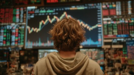 Fototapeta premium Young trader analyzing stock market charts and candlestick graphs on multiple screens in a dim trading room