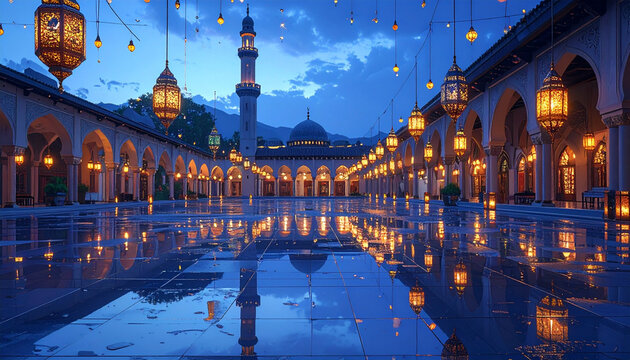 Evening mosque illuminated lanterns
