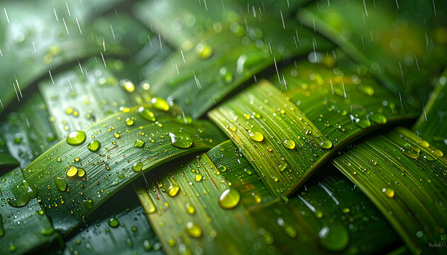 Green leaves with rain drops close up
