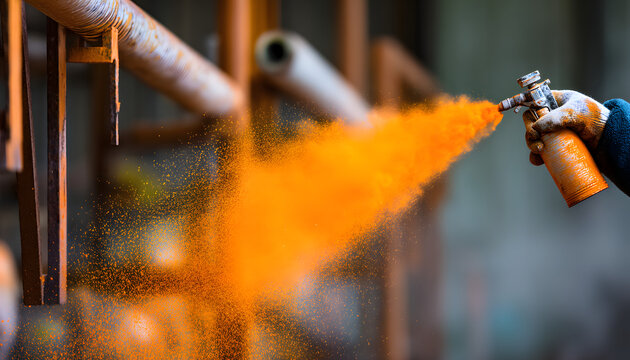 During the workshop manufacturing process, the worker sprays bright orange powder coating onto metal pipes with a spray gun. Fine particles drift in the air to provide a durable finish.