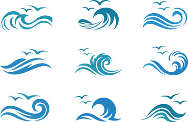 Fototapeta premium Ocean Waves Set with Flying Seagulls Blue Sea Splashes Graphic