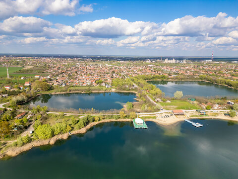 Zrenjanin peskara lake landscape with city skyline