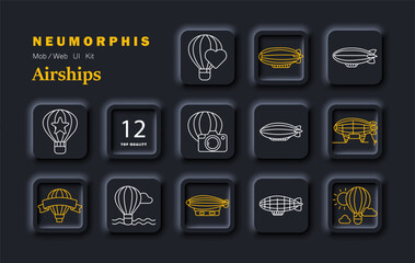 Airships flight set icon. Balloon blimp zeppelin airship sky travel banner camera minimal neumorphic outline style dark theme soft shadow UI design. © Кирилл Макаров