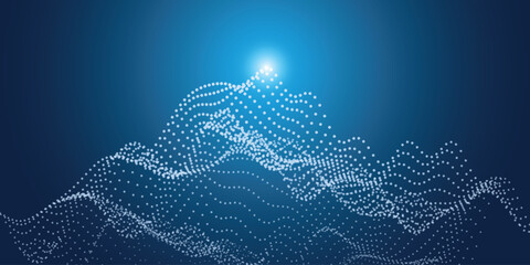 Abstract tech success mountain with digital data and network background. Futuristic blue technology landscape symbolizing innovation, big data, analytics, business growth, and digital transformation © Olha Ye