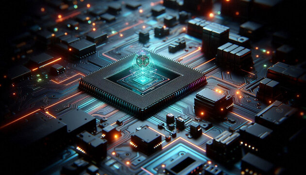 Glowing quantum computing core hovering over a microchip.