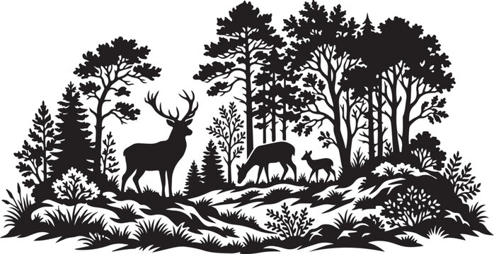 Black silhouette forest scene, deer and trees, wildlife vector illustration, nature landscape