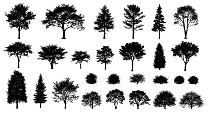 Collection of Diverse Tree Silhouettes Isolated on White Background.