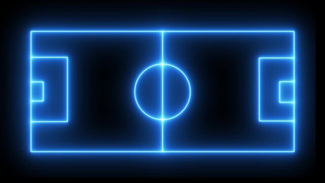 glowing neon football field outline animation video on black background,Glowing neon lights match future football isometric field video animation on a background.