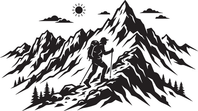 Hiking mountain climber silhouette, adventure trekking vector, black outdoor explorer, landscape illustration