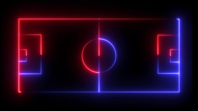 glowing double color neon football field outline animation video on black background,Glowing neon lights match future football isometric field video animation on a background.