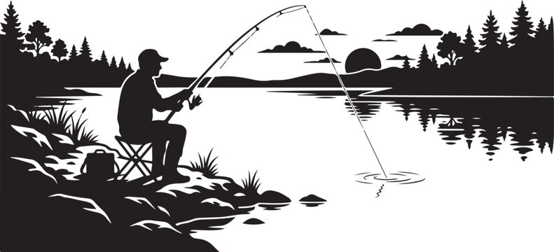 Fishing, silhouette, vector, black, outdoors, recreation, leisure, monochrome