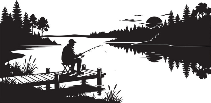 Fishing, silhouette, lake scene, vector illustration, outdoor recreation
