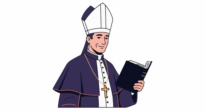 Clergyman in religious attire with a cross necklace holds an open book