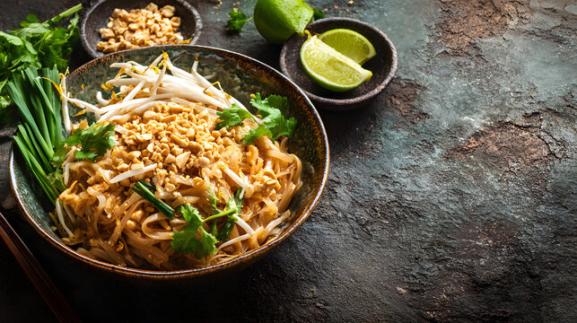 The authentic Thai Pad Thai dish is served in a ceramic bowl with crushed peanuts, bean sprouts, cilantro, and lime wedges. A rustic stone background provides high-quality food photography, making it 