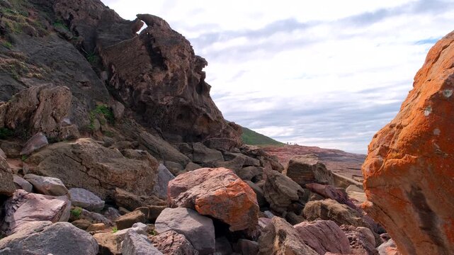 Rugged coastal geology on Robberg Nature Reserve hiking trail in Plettenberg Bay