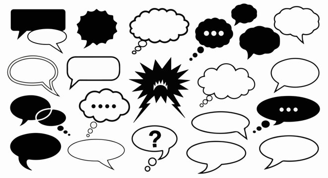 Collection of diverse graphic speech and thought bubbles, some filled, some outlined