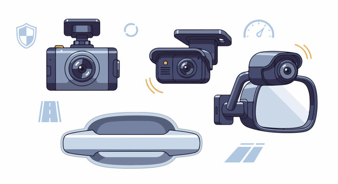 Car safety devices dashcam, rear camera, door handle, speed gauge, road