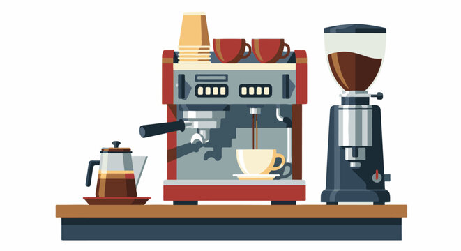 Coffee making station with espresso machine, grinder, and teapot