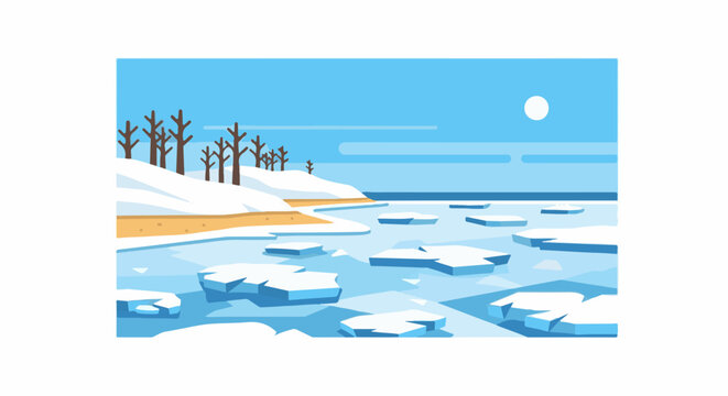 Cold winter scene with ice floes on water and snowy shore with bare trees