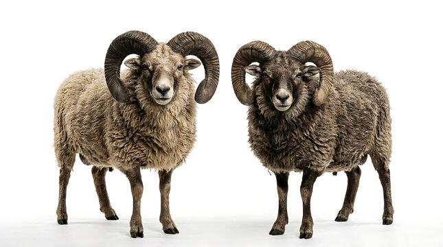 Two majestic horned rams standing side by side against a bright white background featuring detailed wool textures and strong poses