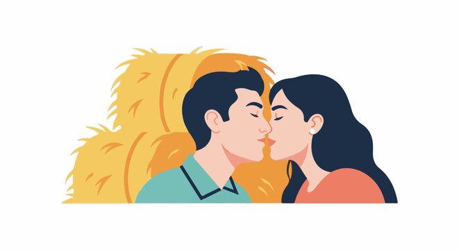 Couple kissing tenderly in front of a vibrant haystack