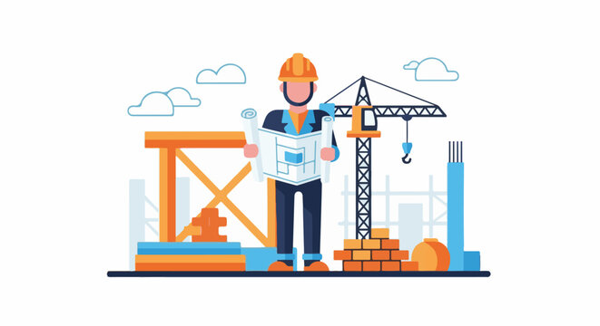 An architect stands with blueprints at a construction site with cranes and materials