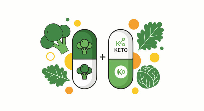 Cartoon broccoli, kale, and cabbage with two pills