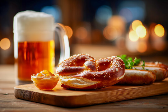 golden pretzel and bratwurst with beer mug in rustic alpine hut interior for german food concept