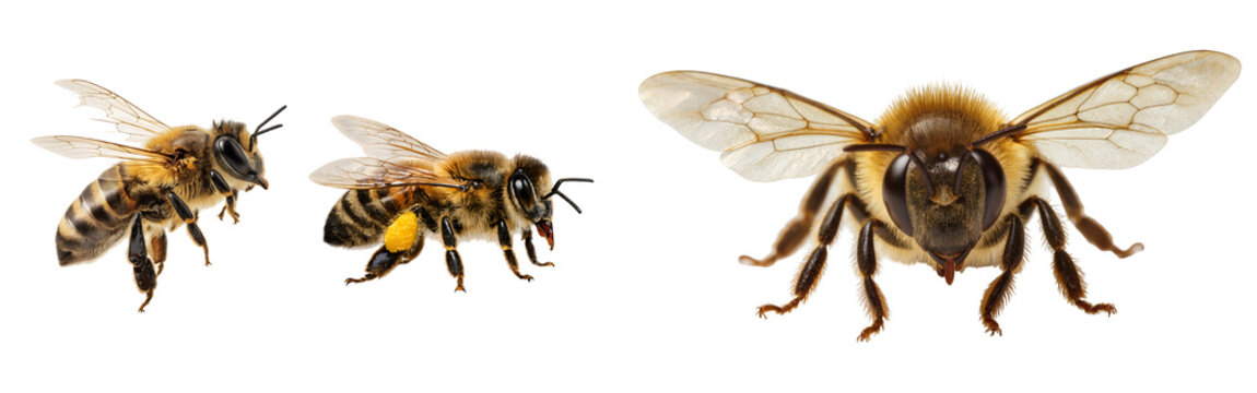 Three honey bees isolated on transparent background, one with pollen on its leg