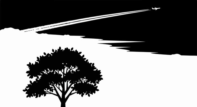 Black tree silhouette against a sky with airplane contrails