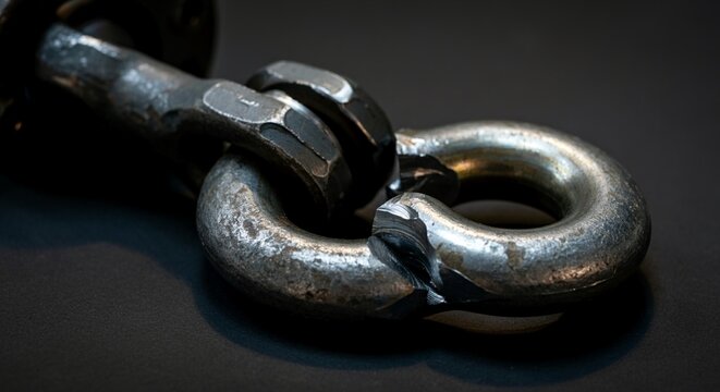 Macro detail snapped heavy duty steel lifting shackle exposed stressed metal.