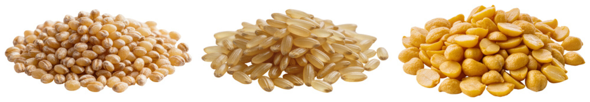 Three piles of grains: barley, brown rice, and split peas, isolated on transparent background