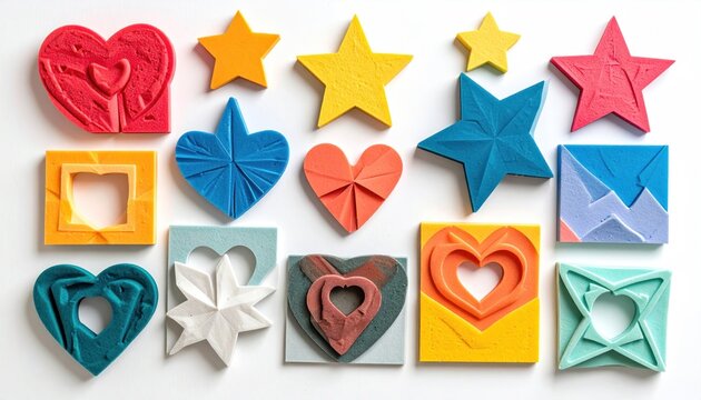 Collection of colorful geometric and heart-shaped cookie cutters and stamps on white background