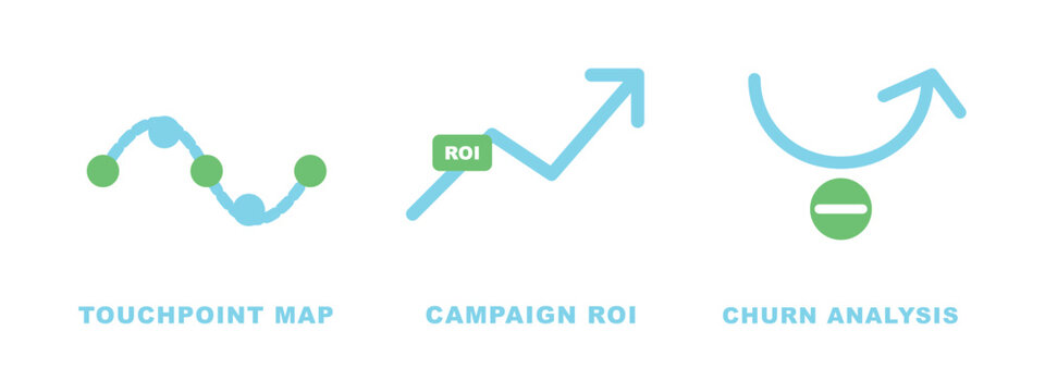 Touchpoint map campaign roi and churn analysis customer journey vector icons.