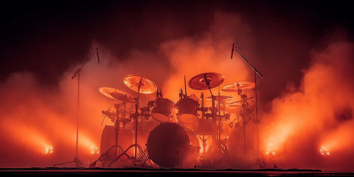 multi tiered drum kit on dark stage under intense warm orange and red lights