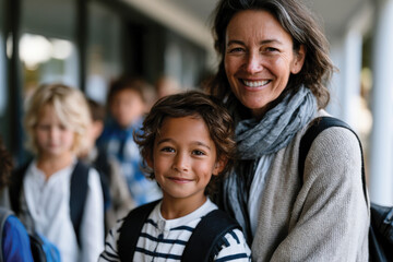Obraz premium Heartwarming Scene Of Mother And Son Smiling While Preparing For First Day Of School, Joy Of Family Bonding And Togetherness, Lively Outdoor Backdrop, Soft Early Morning Light, And New Beginnings