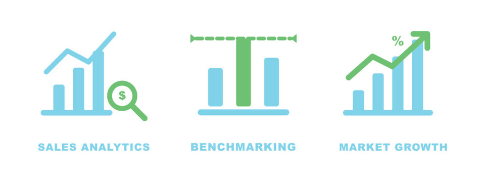 Sales analytics benchmarking and market growth professional icons vector set design.
