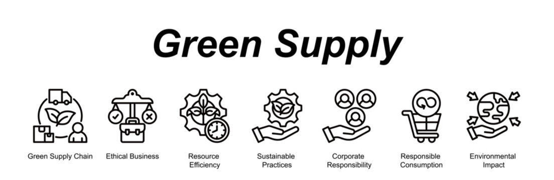 Green Supply web banner icon concept for with icon of Green Supply Chain, Ethical Business, Resource Efficiency, Sustainable Practices, Corporate Responsibility, Responsible Consumption, Environm.