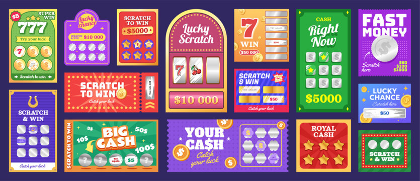 Colorful collection of scratch card designs with various games and cash prizes