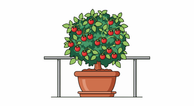 Cartoon fruit tree with red fruits in a brown pot, supported by metal frame