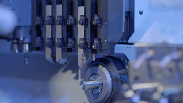 Close-up of a CNC machining tool aligning with a metal component in a futuristic manufacturing environment.