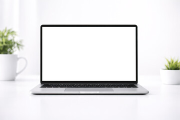Fototapeta premium A sleek black laptop rests on a white surface, complemented by a small potted plant, creating a minimalist workspace scene.